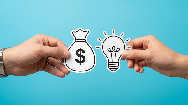 Two hands exchanging money bag and light bulb symbol