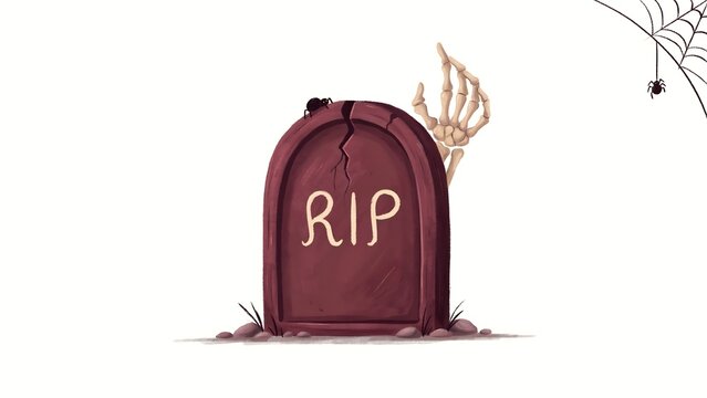A spooky halloween tombstone with a skeleton hand emerging from the ground on white background