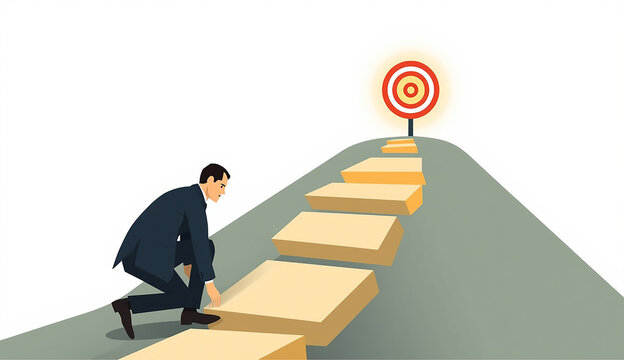 A man in a suit ascends stairs, focused on reaching a target at the top.
