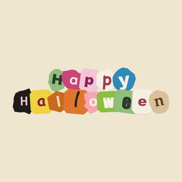 Colorful ransom note style happy halloween text design featuring cutout letters on a plain light beige background for celebration