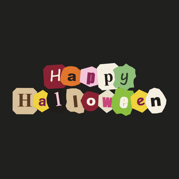 Colorful ransom note style happy halloween text design featuring cutout letters on a dark background for festive holiday greeting cards