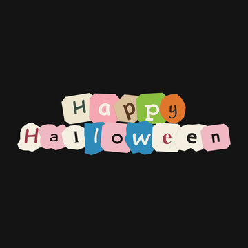 Colorful ransom note style text design for happy halloween celebration featuring cutout letters on a solid black background design element