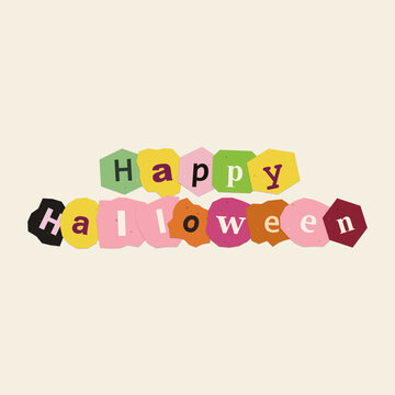 A colorful happy halloween greeting card design featuring creative ransom note style letters cut out from various bright paper shapes