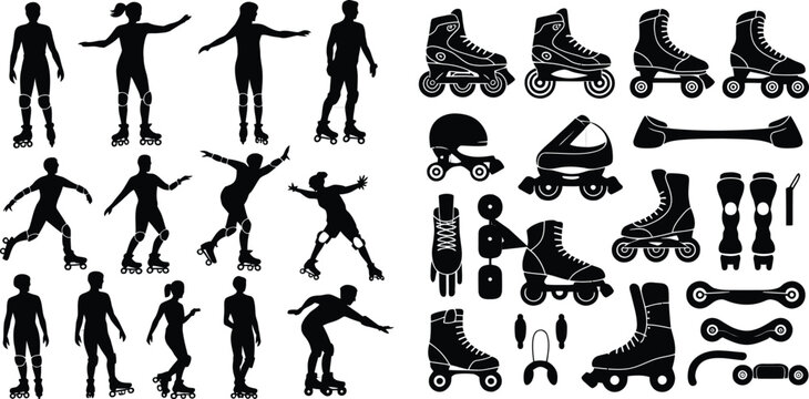 Collection of black silhouettes featuring people roller skating in various poses, alongside of roller skates, protective gear, and skate parts