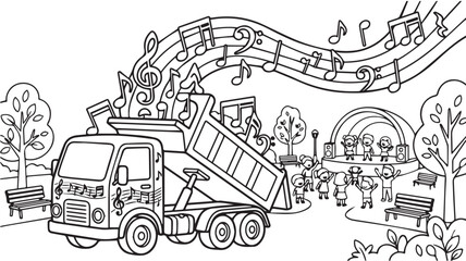 Obraz premium Dump truck pouring musical notes in a city park with a concert stage Vector