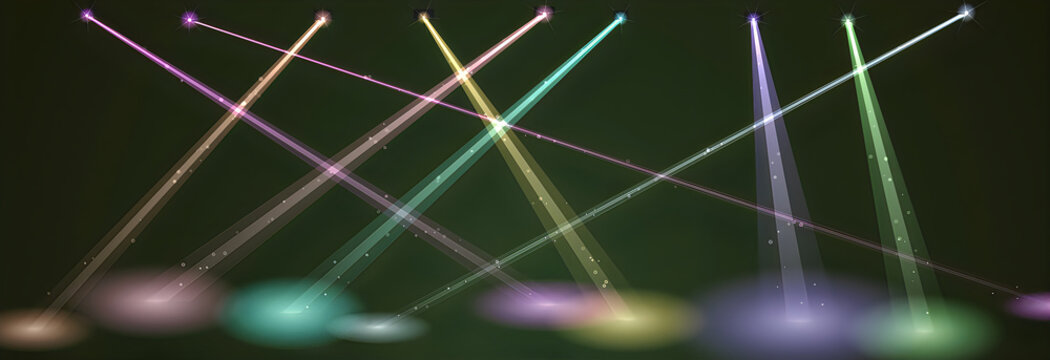 Colorful laser light show crossing in dark night sky