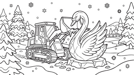 Naklejka premium Bulldozer carrying a large ice swan sculpture in a snowy winter forest scene Vector