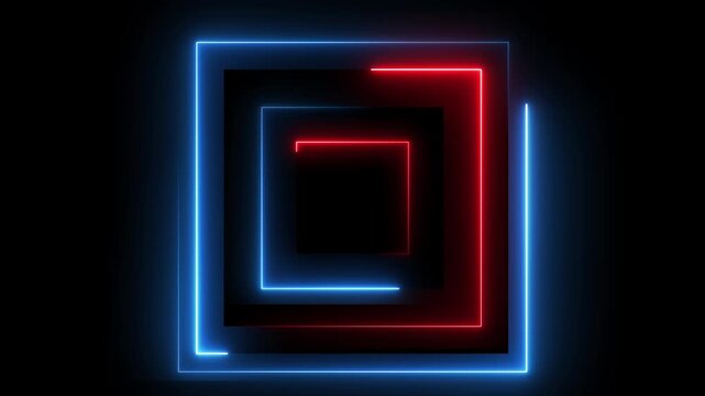 Glowing neon red and blue color rectangle frame background icon animation line party show frame seamless footage smooth light effect on black background