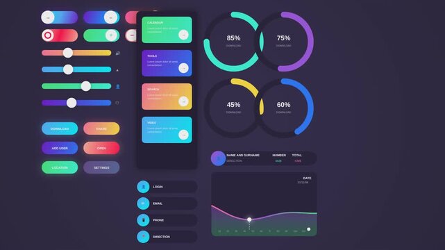 Futuristic UI dashboard elements, neon data visualization kit, modern app interface components with colorful charts and sliders