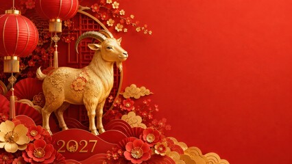 Fototapeta premium 2027 new year goat with red lanterns and copy space