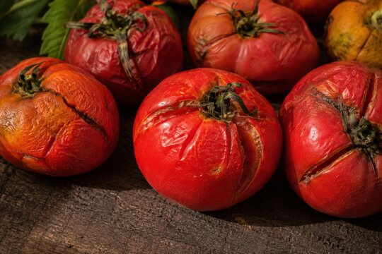 A Close-Up View of Overripe Tomatoes with Distinct Creases and a Rich Red Color, Set Against a Rustic Wooden Surface Complemented by Green Foliage
