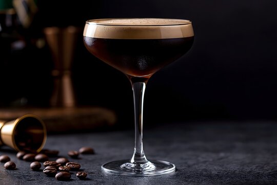 Classic Espresso Martini Cocktail in Glass with Thick Foam and Coffee Beans. Elegant espresso martini in a martini glass set on a dark slate coaster over a rustic wooden bar counter.