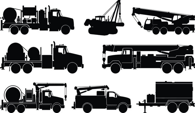Heavy Construction Machinery and Industrial Truck Silhouettes Set Featuring Crane Trucks Pipelayers Utility Vehicles and Trailers Vectors
