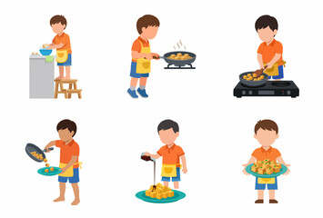 Fototapeta premium Little boy learning to cook healthy tofu meal, set of educational vector illustrations of kitchen activities