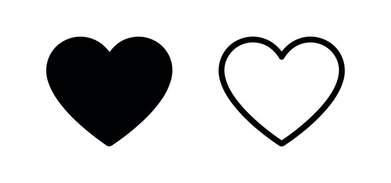 Heart icon set, love and affection symbol in solid and outline style for valentine, social media, and health concepts.