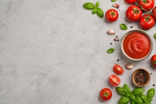 A Vibrant Arrangement of Fresh Tomatoes, Fragrant Basil, Garlic, and Spices Highlighting a Rich Tomato Sauce on a Stone Surface