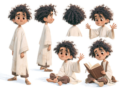 3D character sheet model sheet set of cute curly haired boy in ancient tunic in various poses isolated on white background.
