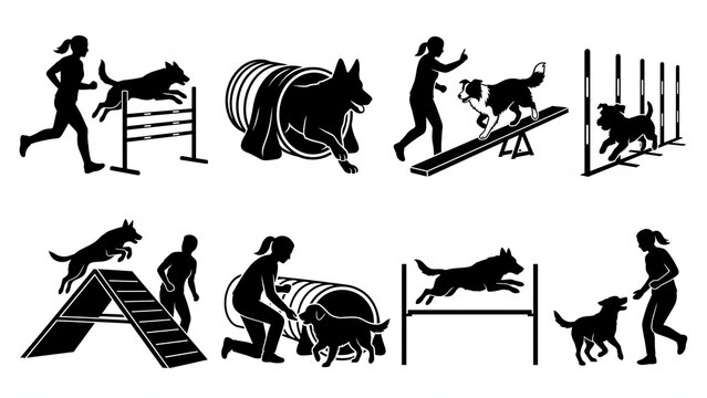Dog agility training icons silhouette set of active dogs and handlers performing various obstacles vector illustration for sport and pet concepts