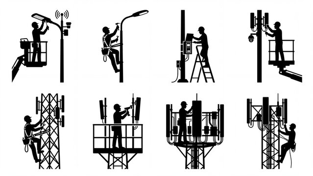 Silhouette collection of workers installing and maintaining telecommunication towers and street lights vector illustration for industry and technology co