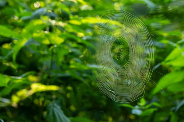 Spider web catching sunlight in green forest background © Aleksander Bolbot