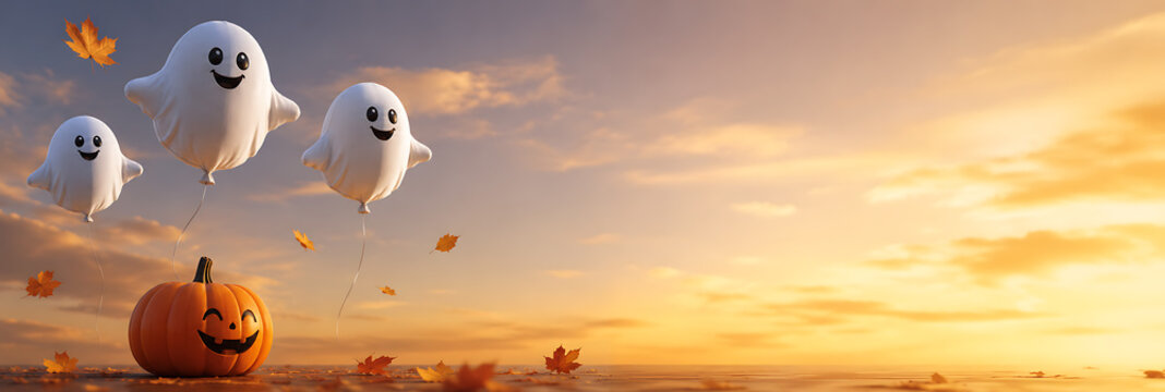 Friendly ghost balloon parade above a carved halloween pumpkin at golden sunset with halloween celebration decorative cheerful