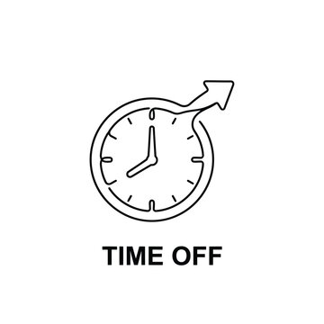 Clock with arrow pointing outward line icon representing time off vacation or break on a white background calendar concept