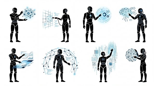 Collection of humanoid robot silhouettes interacting with digital data interfaces representing artificial intelligence and future technology concepts