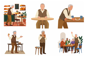 Fototapeta premium Set of Elderly People Enjoying Coffee and Socializing in a Cafe Flat Vector Illustration