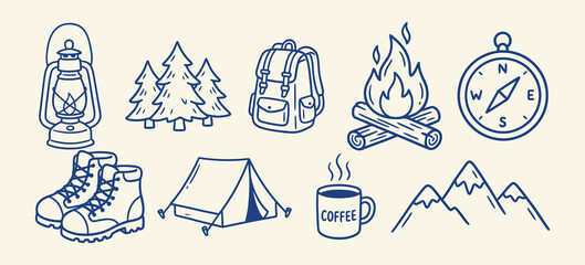 Fototapeta premium Outdoor Camping Icons With Lantern Pine Trees Backpack Campfire Compass Boots Tent Coffee Mug and Mountains