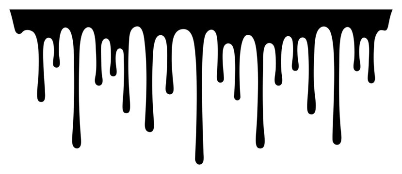 Liquid paint drip vector border. Black silhouette flowing splash and slime design. Abstract dripping banner, frame and background element isolated on white background.