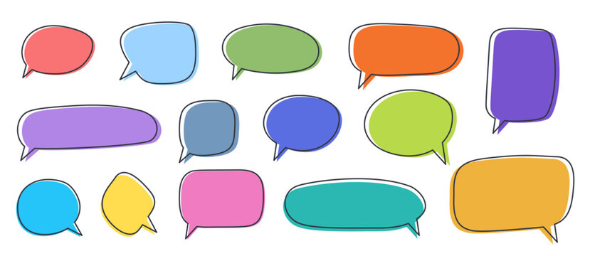 Hand drawn speech bubble vector set. Color chat, dialog and thought balloons with editable stroke. Cute comic callout boxes for text, messages, communication, stickers and graphic design.
