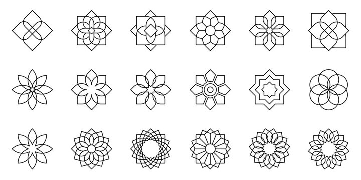 Geometric floral mandala vector icons. Minimal line ornament set with lotus flowers, arabesque motifs and circular geometric patterns. Editable stroke outline symbols for logos and decorative design