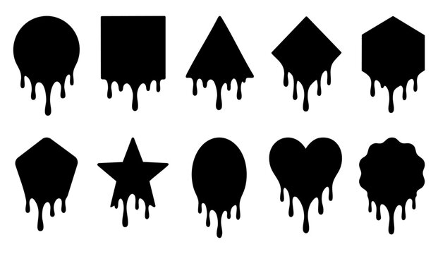 Liquid drip shape vector set. Black silhouette melting paint, chocolate and slime icons. Dripping circle, square, triangle, diamond, hexagon, pentagon, star, oval, heart and badge shapes isolated