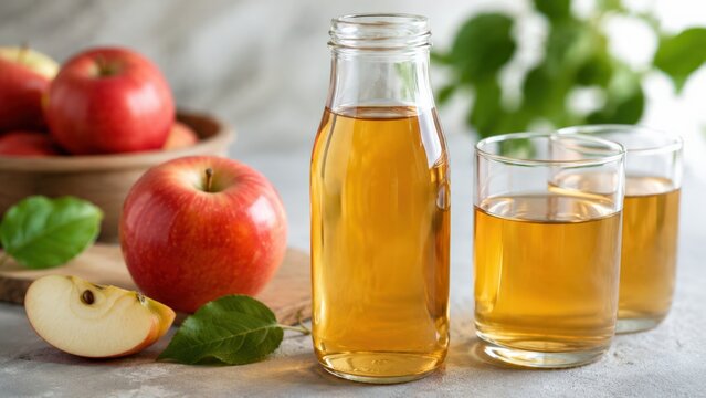 Freshly Pressed Apple Juice Displayed in Glasses with Ripe Apples in a Bowl, Highlighting the Essence of Natural and Healthy Beverages