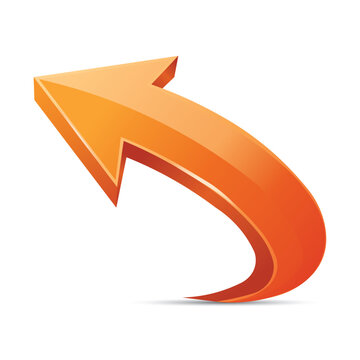 Premium glossy curved left arrow vector with an orange gradient, smooth highlights, and editable shapes. Perfect for UI, UX, web, and app design. Transparent background.