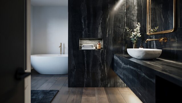 Luxurious modern bathroom with a freestanding white tub, elegant black marble walls and countertop, and a sleek white basin, exuding a sense of opulent design and comfort.
