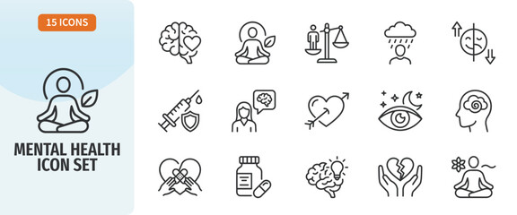 Fototapeta premium Mental health icon set, outline style, vector illustration collection of icons related to psychology, therapy, emotional balance, and mental wellbeing