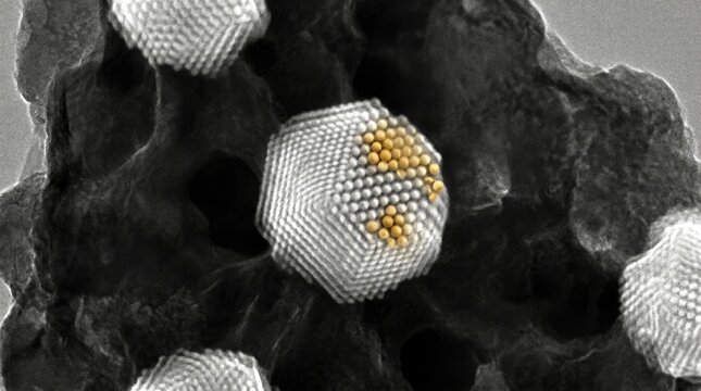 Platinum nanoparticles measuring two to five nanometers, silver white clusters supported on black carbon, demonstrating hydrogen oxidation reaction, nanoscale catalytic surface.