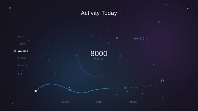 Fitness activity tracker interface with step counter, digital health dashboard UI, futuristic data visualization of walking progress