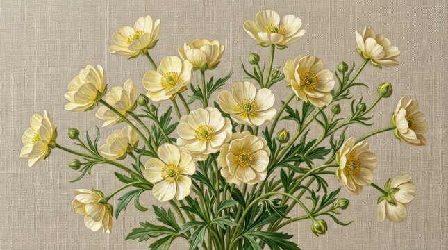 Buttercup flowers in a soft studio light against a textured linen backdrop