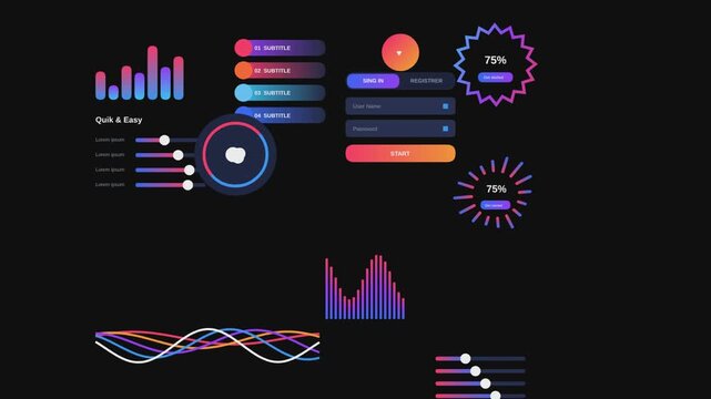 Futuristic UI dashboard elements, neon gradient data visualization charts, digital interface HUD set for tech apps and software