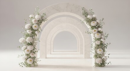 Fototapeta premium Elegant white floral wedding arch with cascading greenery against soft architectural arches