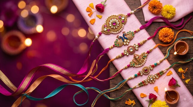 Traditional Raksha Bandhan Rakhi Threads and Flowers Vector Background Illustration