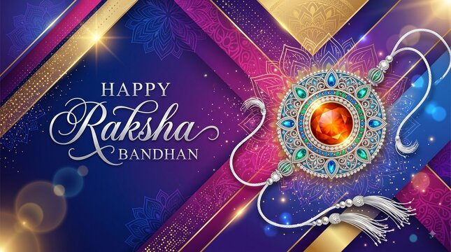 Happy Raksha Bandhan Premium Vector Background with Elegant Gemstone Rakhi, Golden Glitter Lines, Floral Mandala, and Royal Blue Purple Greeting Design