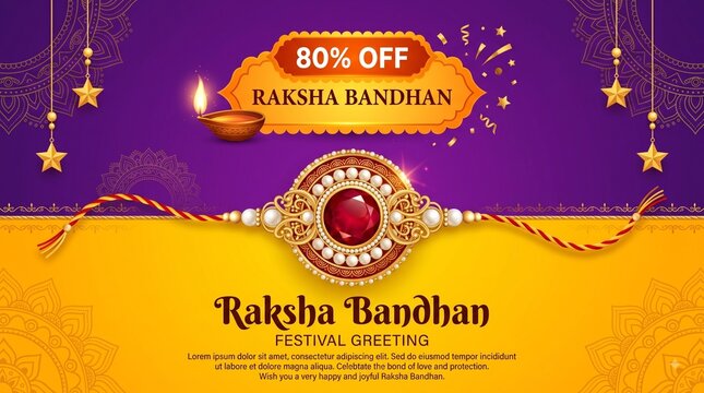 Raksha Bandhan sale banner vector with decorative pearl and ruby rakhi thread, lit diya, golden stars, and traditional designs on a purple and yellow background.