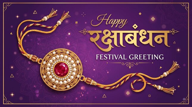 Happy Raksha Bandhan Festival Greeting Card Vector with Golden Jewelry Rakhi and Hindi Typography