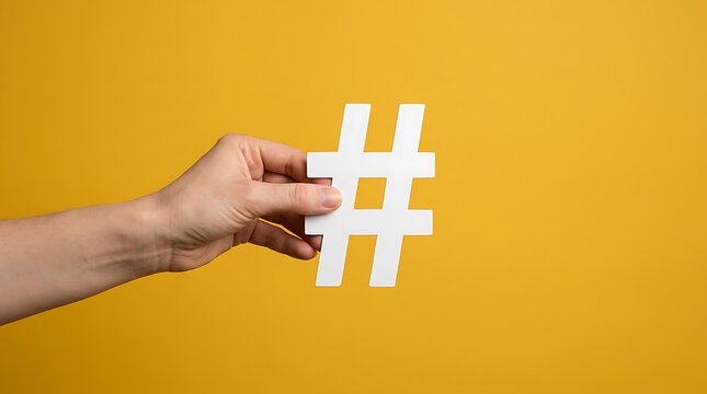 Hand holding paper hashtag symbol on yellow background
