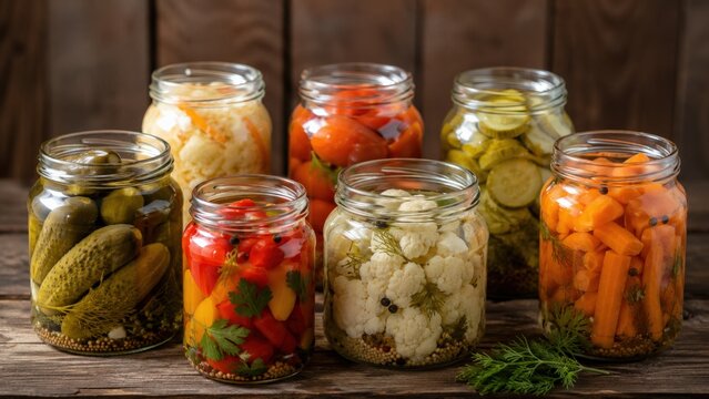 A Vibrant Display of Colorful Pickled Vegetables in Glass Jars, Perfect for Adding Flavor and Texture to Your Culinary Creations and Preserving Freshness Year-Round