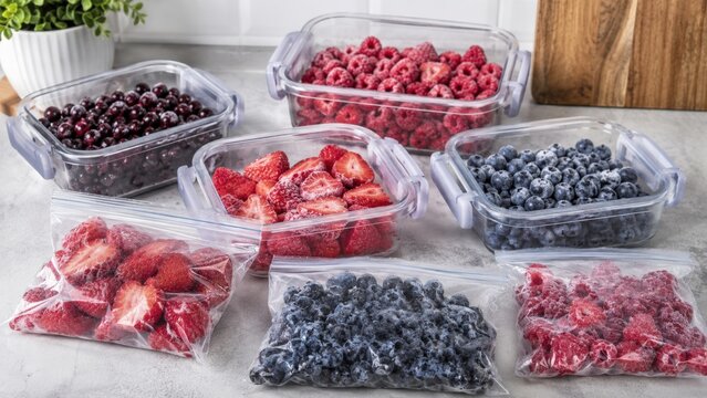 Colorful Collection of Freshly Prepared Berries Including Strawberries, Raspberries, Blueberries, and Blackberries in Clear Containers for Delicious Snacking