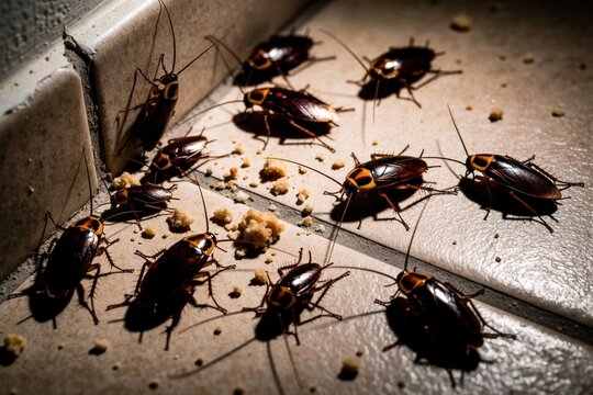 Group of brown cockroaches crawl on floor tiles during night. Insects feed on food crumbs near wall in kitchen. Many pest bugs move inside home looking for leftovers. Infestation problem requires